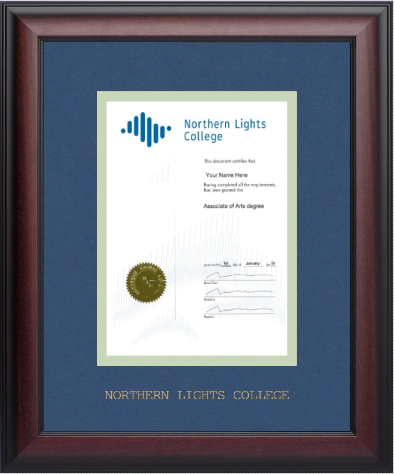 Satin mahogany diploma frame with double mat board and gold foil stamp with "NORTHERN LIGHTS COLLEGE" GOUDY 24P. (#120910-12x15-volc/ths-fs)